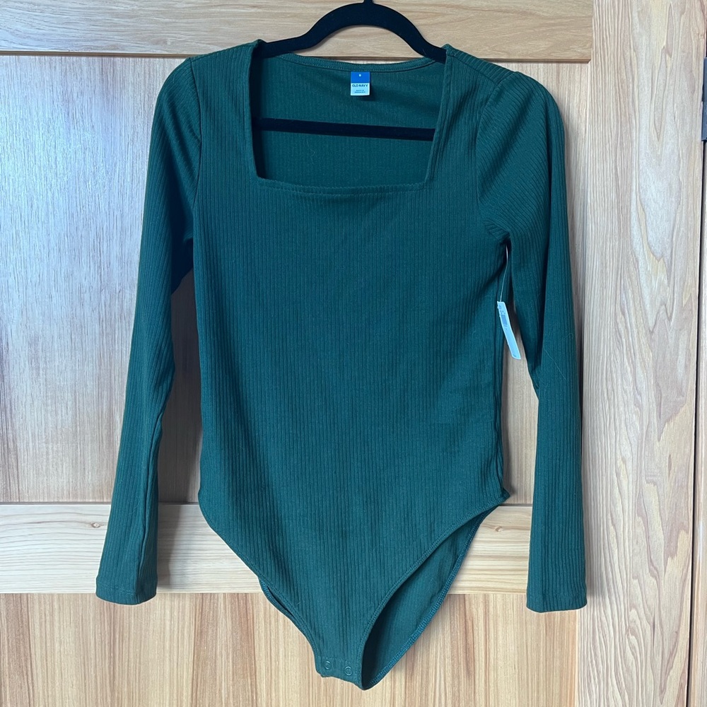 NWT Old Navy Green Long-Sleeve Square-Neck Rib-Knit Bodysuit for Women, …